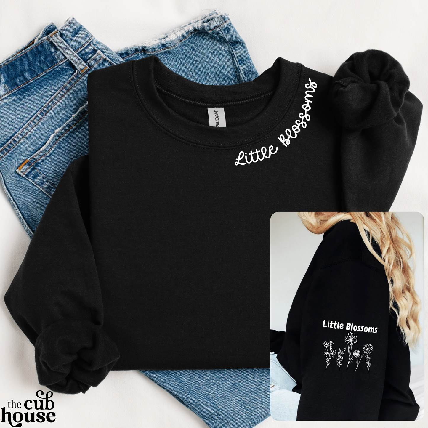 Little Blossoms • White Neckline & Sleeve Logo