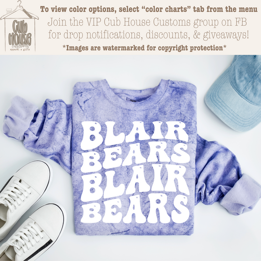 BLAIR BEARS - COMFORT COLORS COLOR BLAST AMETHYST TEE/CREW - WHITE TEXT