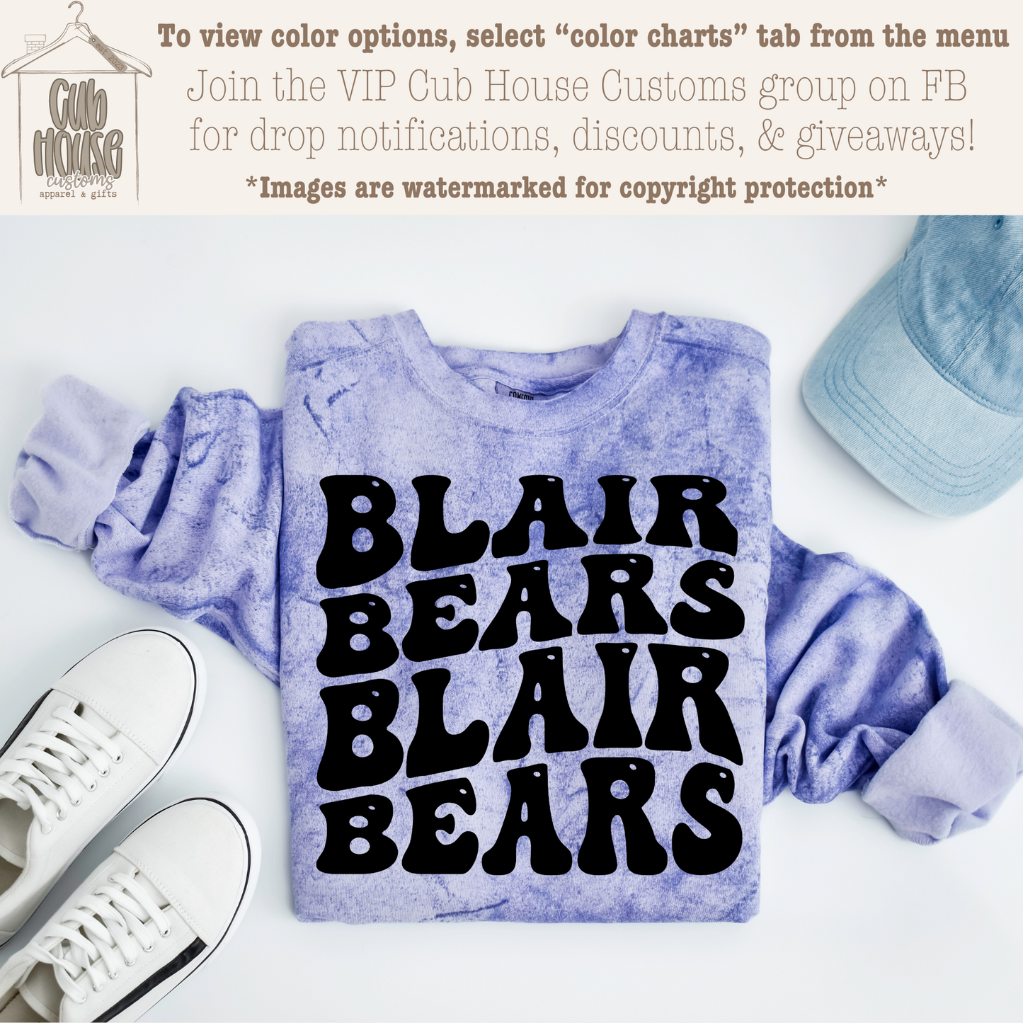 BLAIR BEARS - COMFORT COLORS COLOR BLAST AMETHYST TEE/CREW - BLACK TEXT