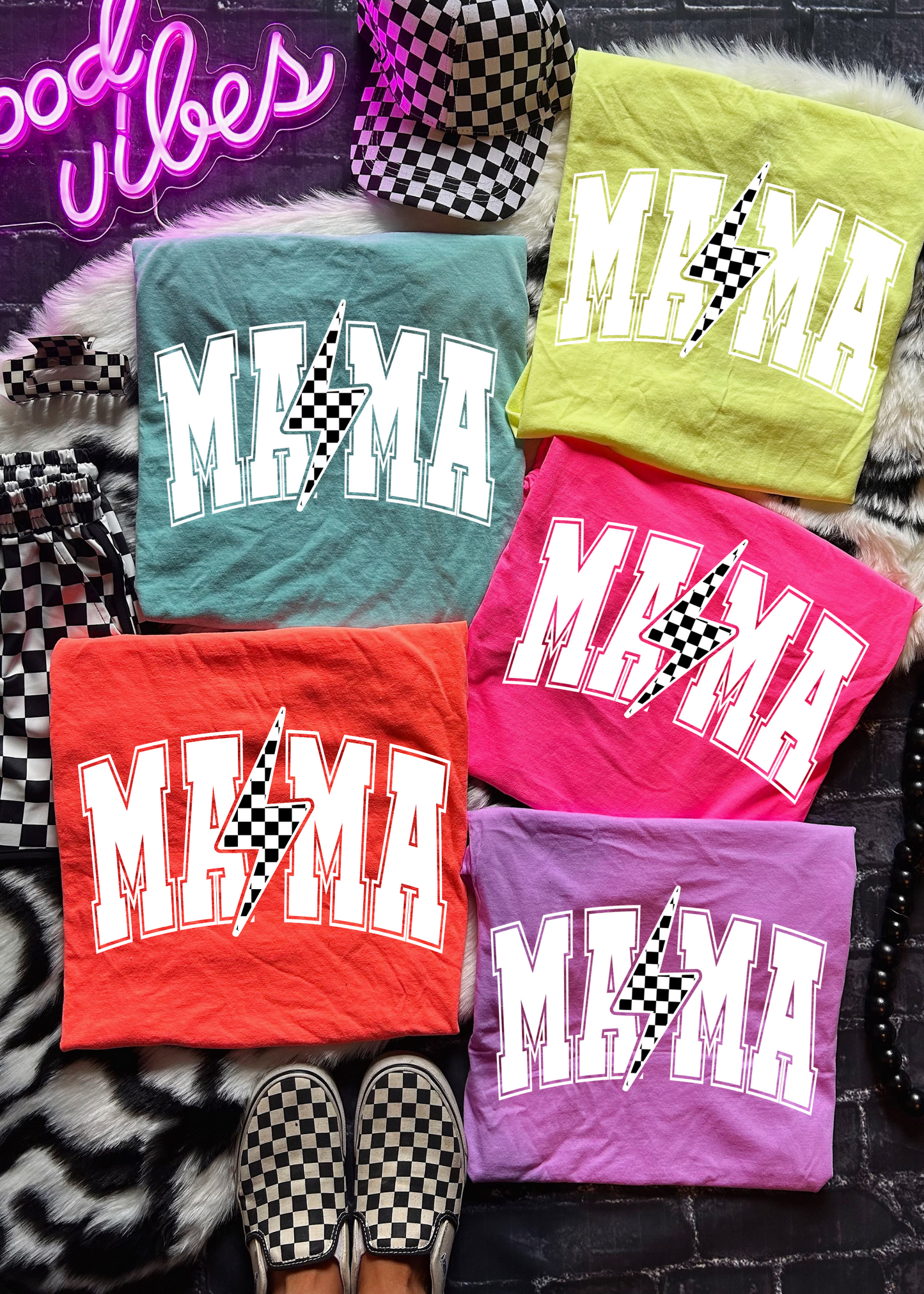 NEON MAMA CHECKERED LIGHTNING BOLT COMFORT COLORS TEE