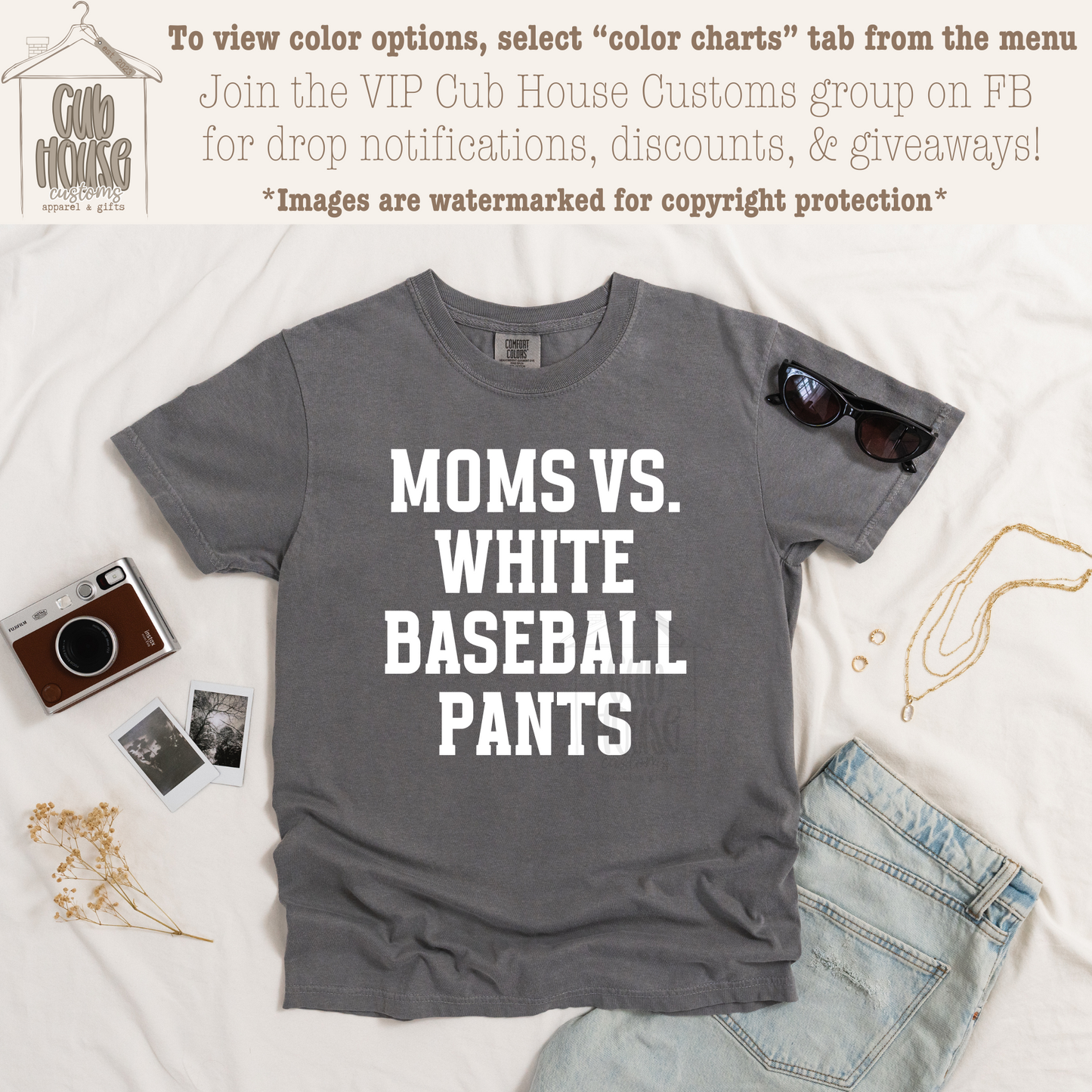 MOMS VS WHITE BASEBALL PANTS - WHITE TEXT