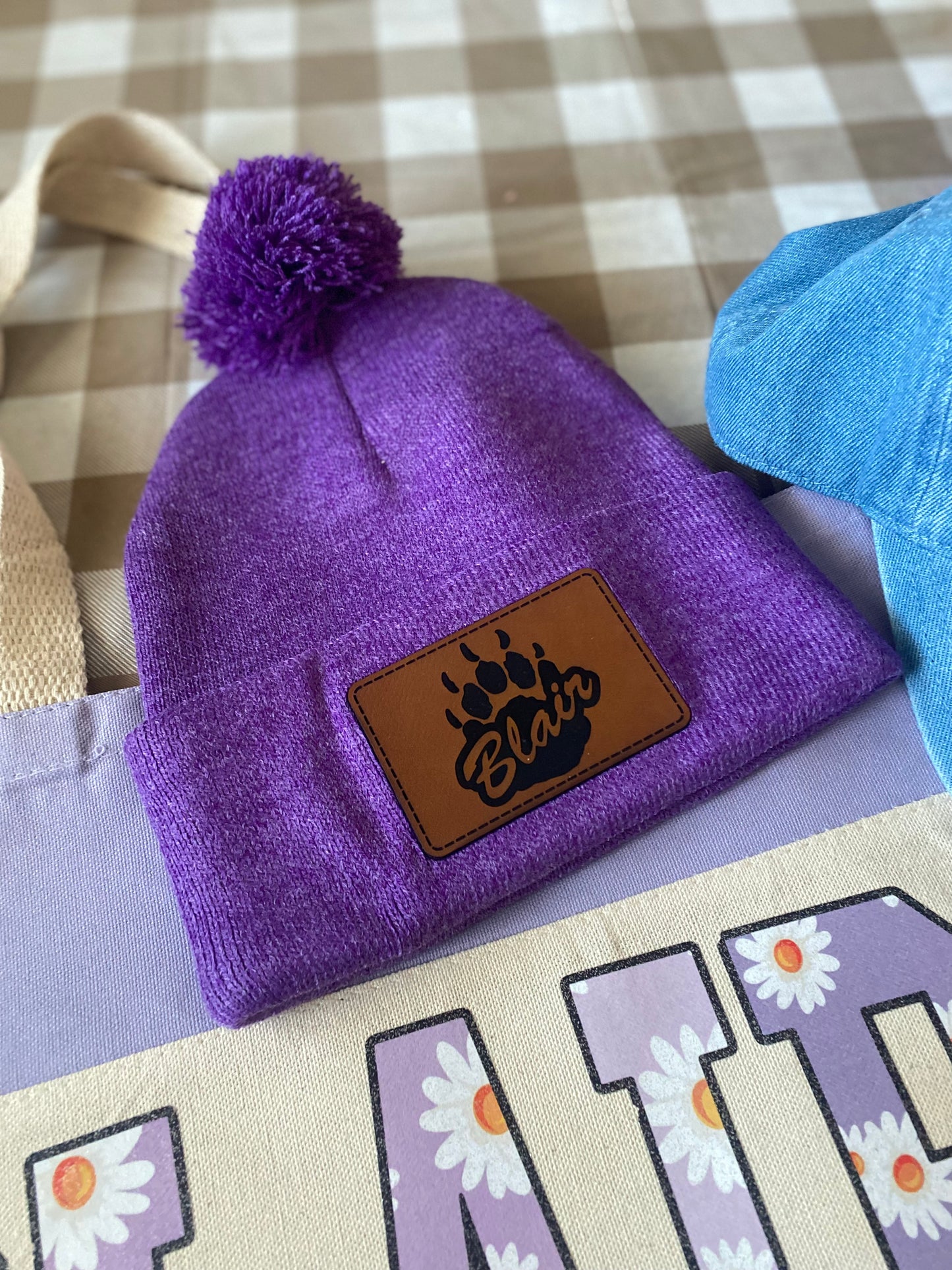 BLAIR • HEATHER PURPLE CUFF POM PATCH BEANIE