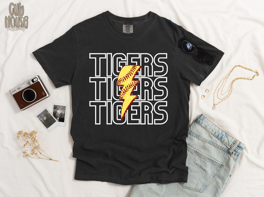 TIGERS LIGHTNING BOLT SOFTBALL (WHITE TEXT)